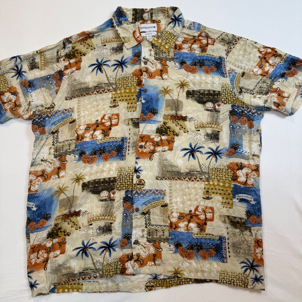 Saddlebred Mens 3XLT Tropical Patchwork Rayon Button Down Shirt Palm Pineapple‎